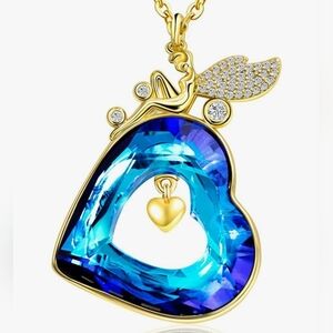 14K Yellow Gold Plated Heart Crystal Pendant Necklace, Blue